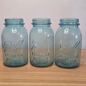 Vtg Antique Ball Perfect Mason Aqua Blue Glass Jar Set of 3 Quart Canning 3,14,0